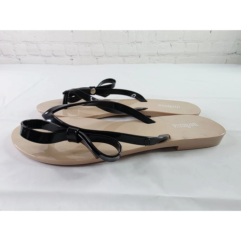 Melissa Harm Sweet VIII Flip Flops Black/Beige Sandals Bow Women's Size 7